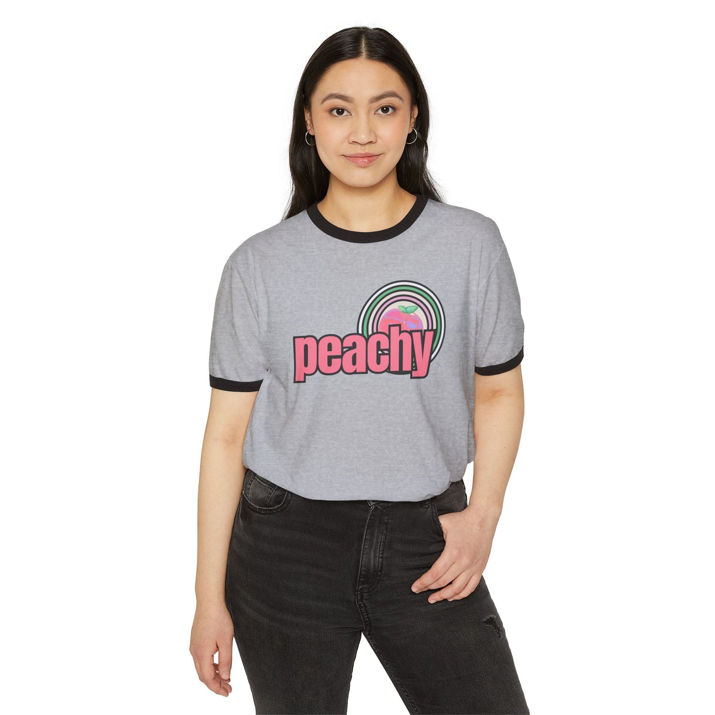 Just Peachy Retro Inspired Graphic Cotton Ringer T-Shirt