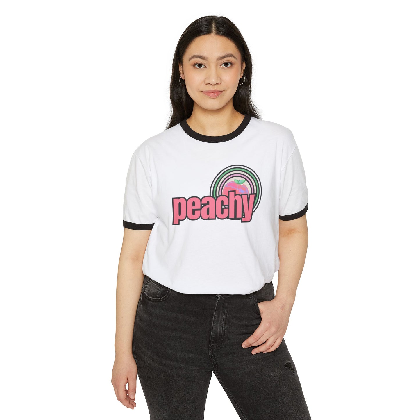 Just Peachy Retro Inspired Graphic Cotton Ringer T-Shirt