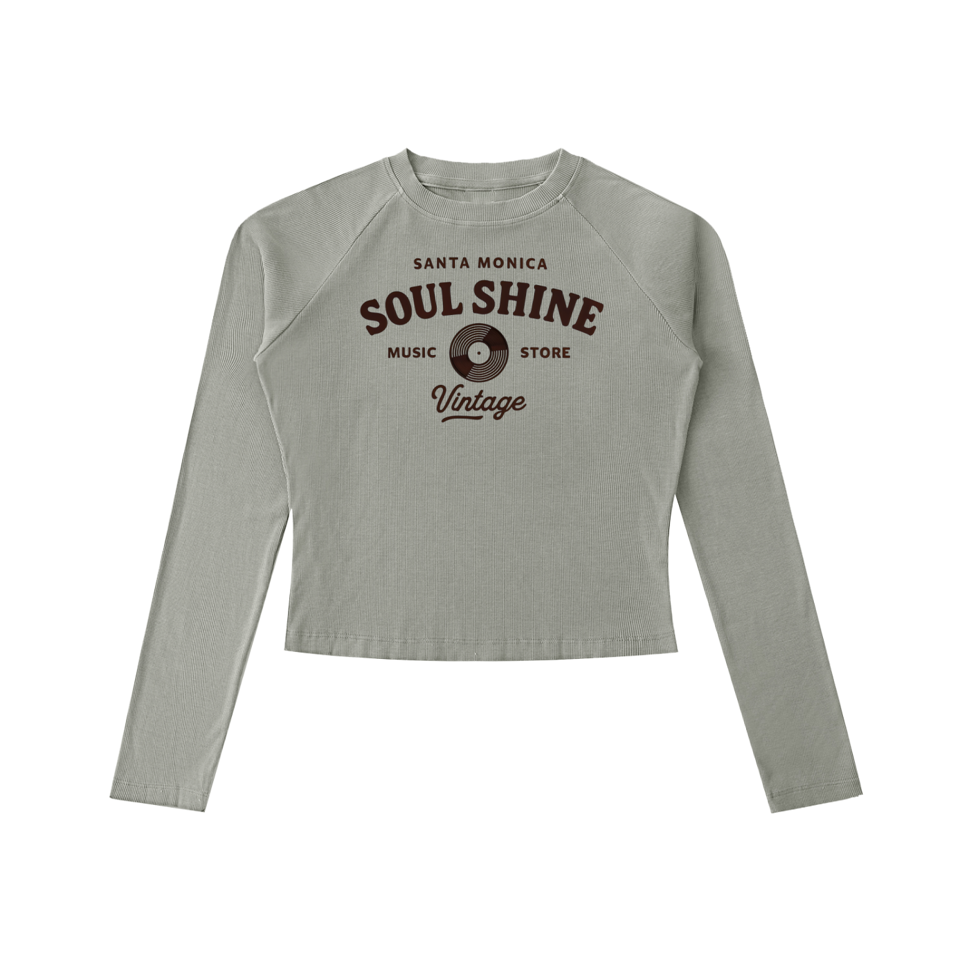 Gray long-sleeve shirt retro inspired with 'Soul Shine' text on a white background