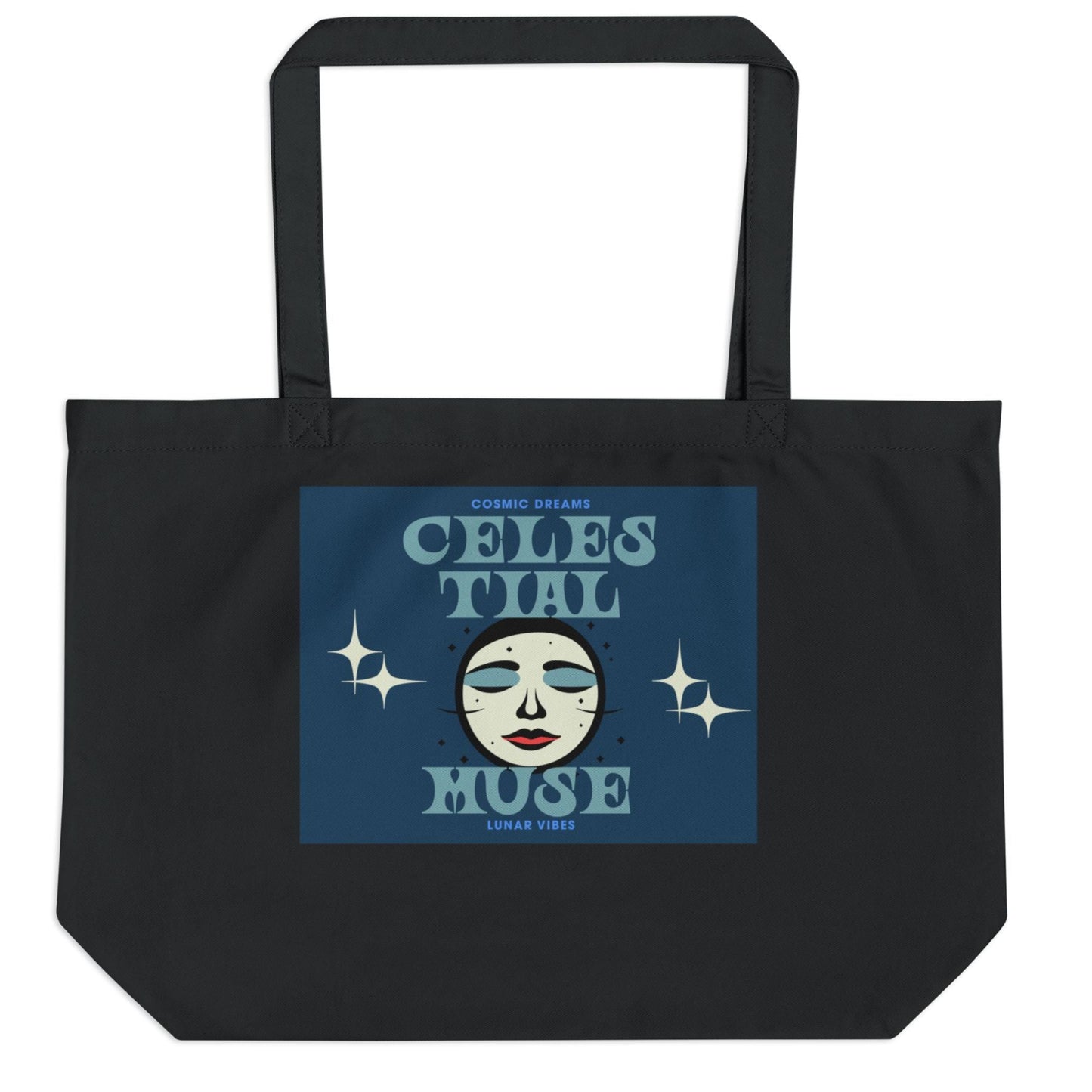 Black tote bag with a blue graphic featuring a face and text on a white background