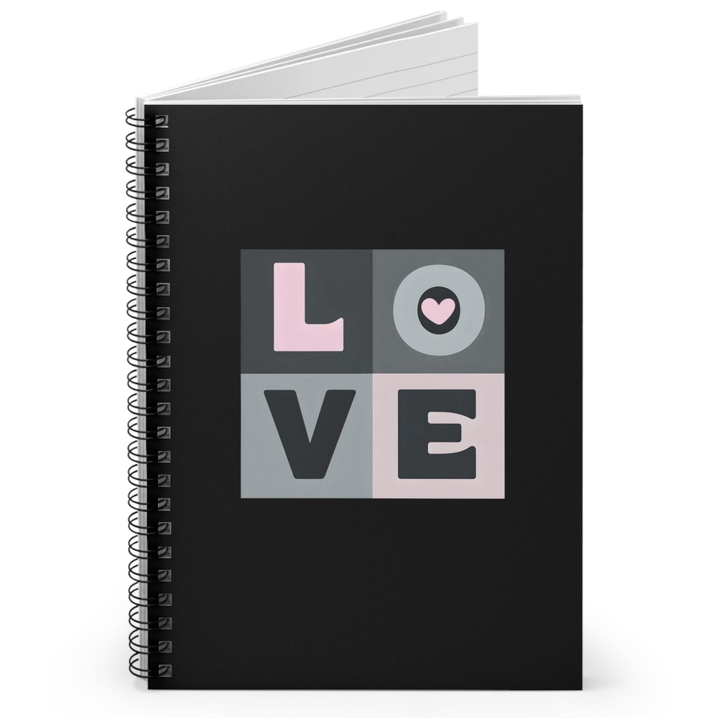 Black notebook with 'LOVE' design on a white background