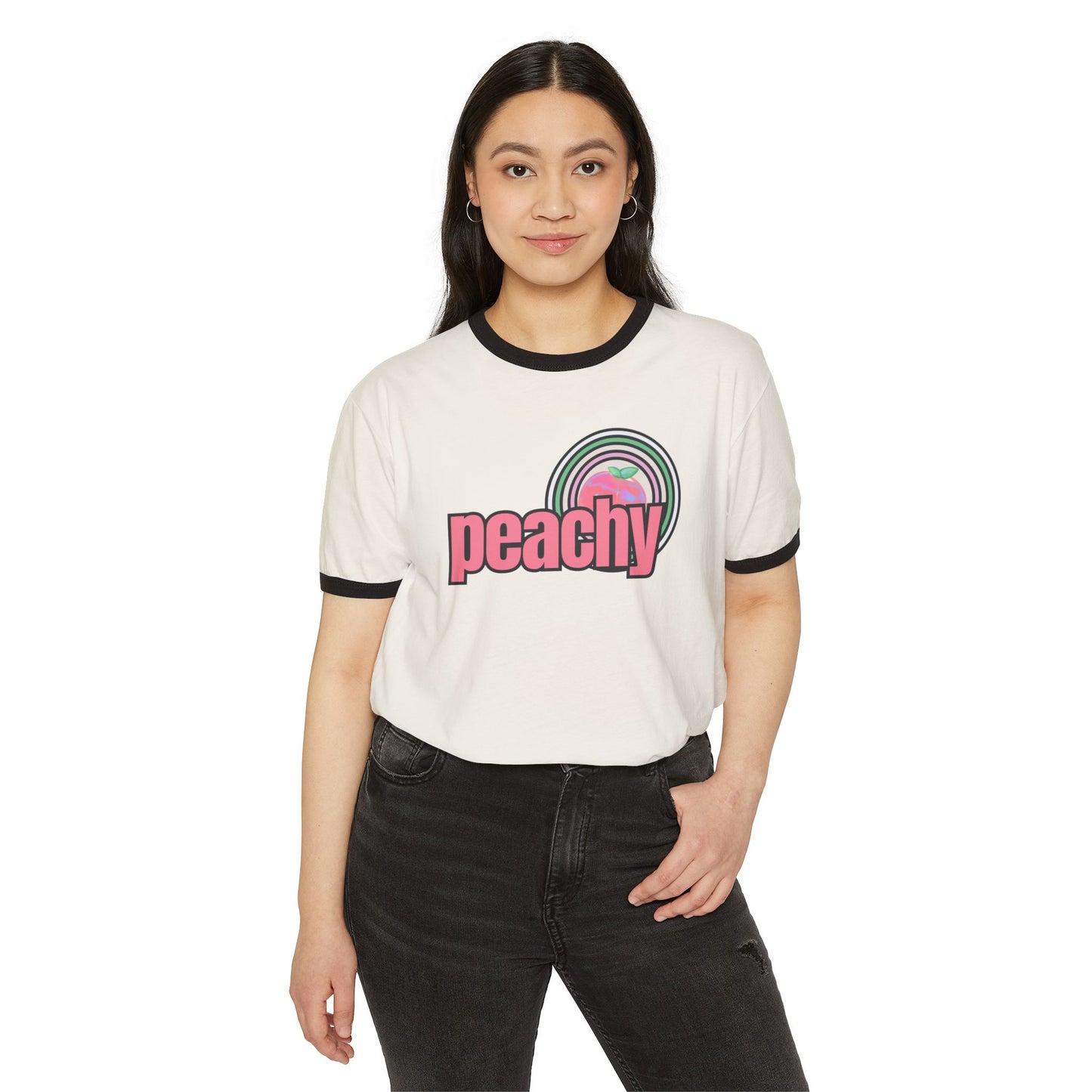 Just Peachy Retro Inspired Graphic Cotton Ringer T-Shirt