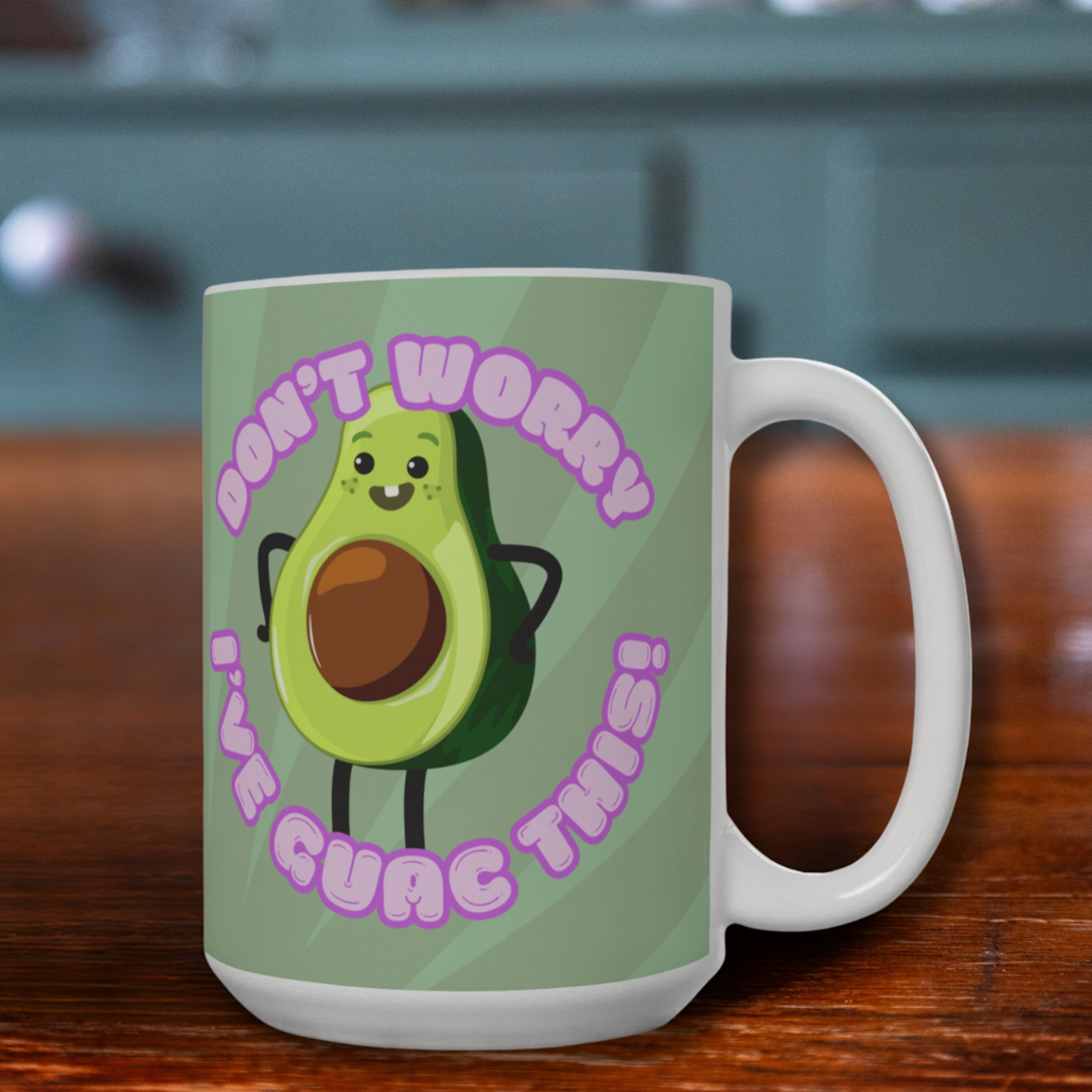 Mug with avocado design and text on a wooden surface
