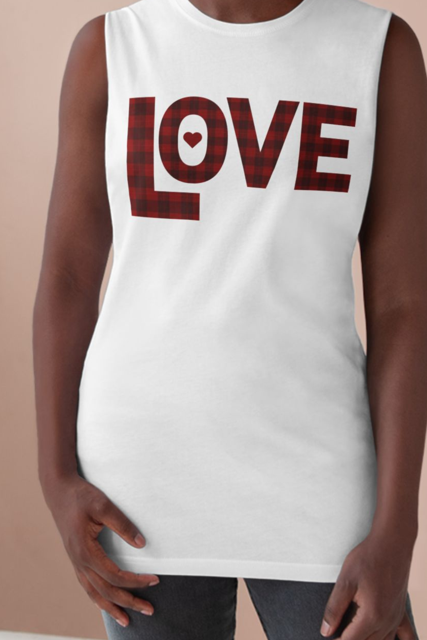 White sleeveless shirt with 'LOVE' printed in red plaid pattern on a beige background
