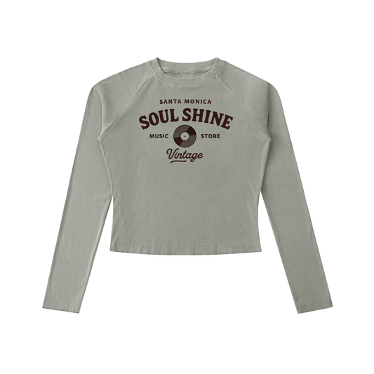 Gray long-sleeve shirt  retro inspired with 'Soul Shine' text on a white background