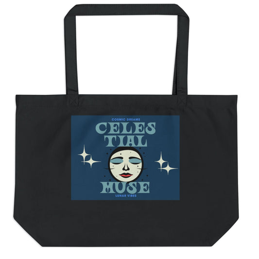 Black tote bag with a blue graphic featuring a face and text on a white background