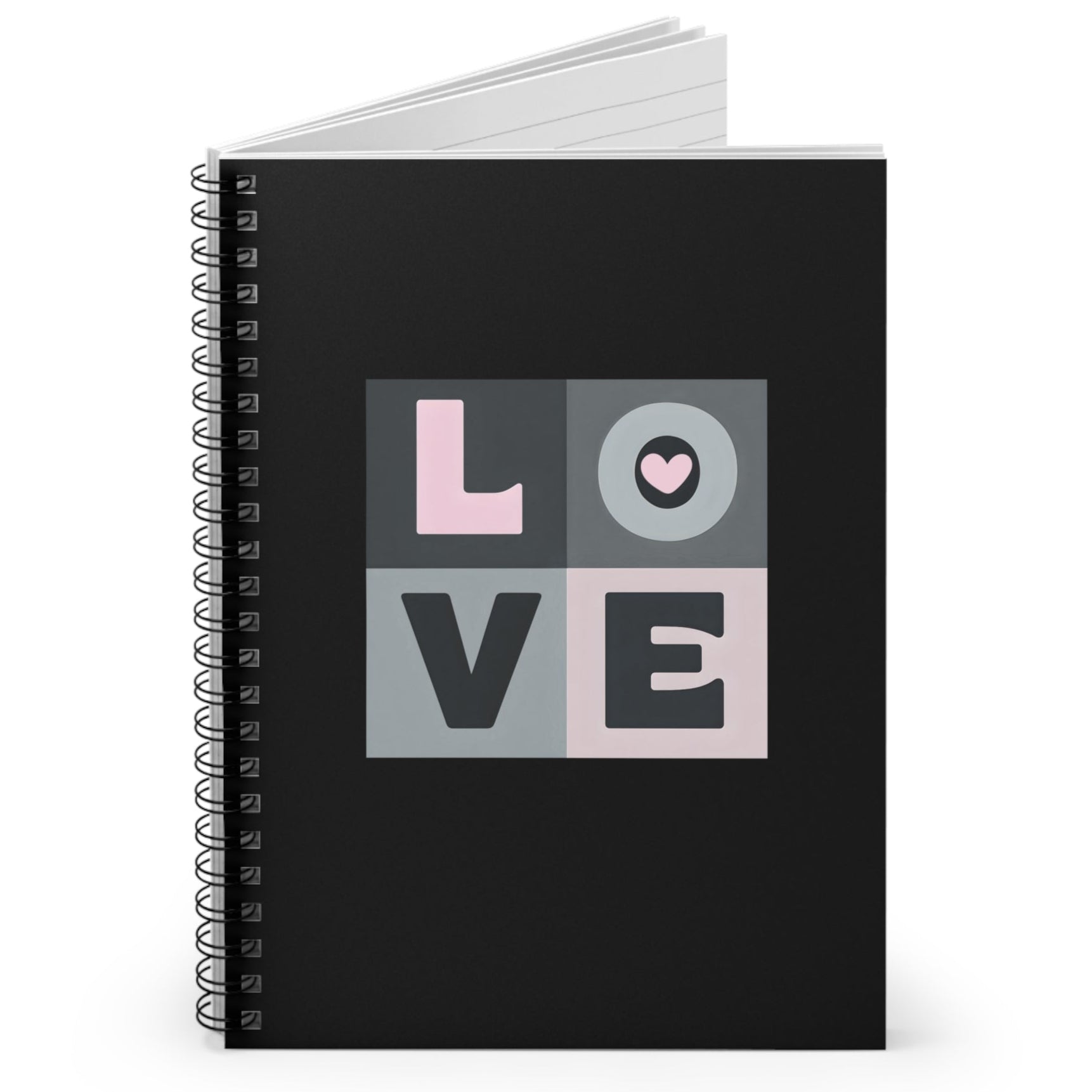Black notebook with 'LOVE' design on a white background