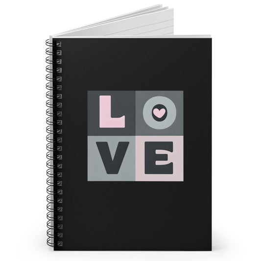 Black notebook with 'LOVE' design on a white background