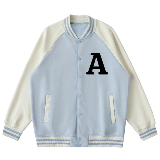 Light blue varsity jacket with white sleeves and a black letter 'A' on a white background