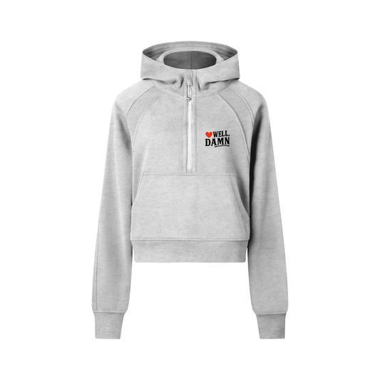 vintage inspired Gray hoodie with a half zipper and Well Damn text design on a white background