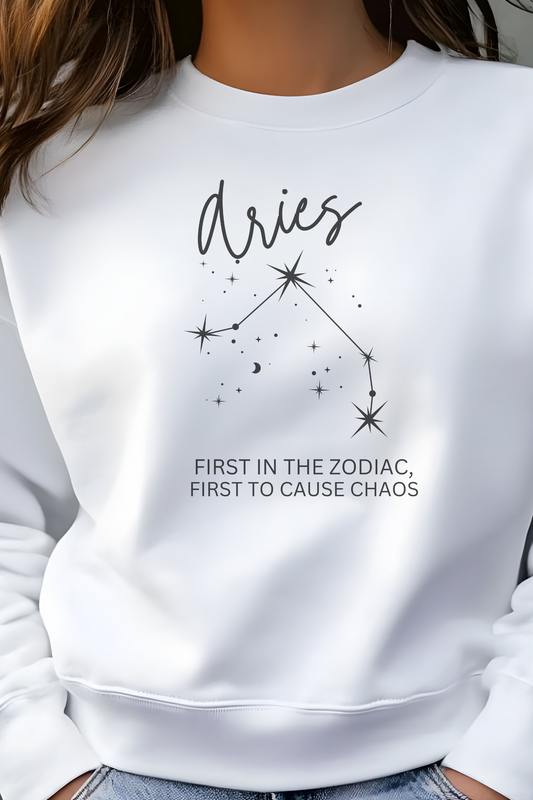 White sweatshirt with Aries zodiac design and text