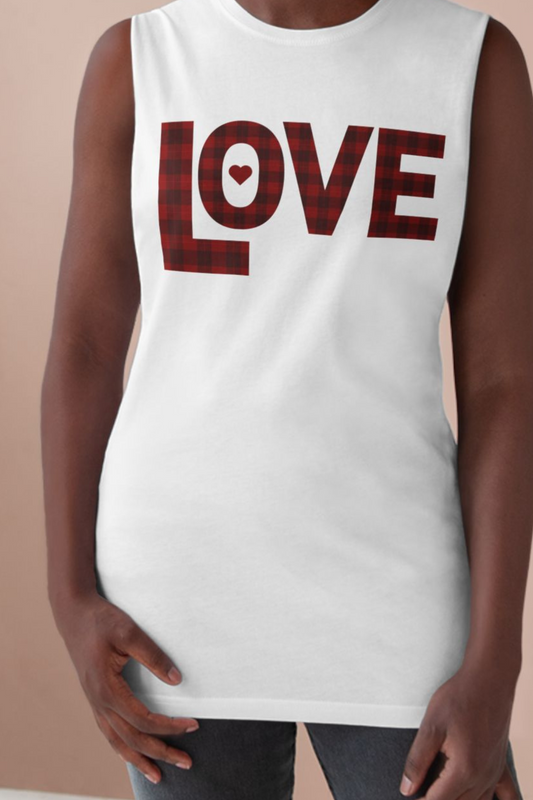 White sleeveless shirt with 'LOVE' printed in red plaid pattern on a beige background