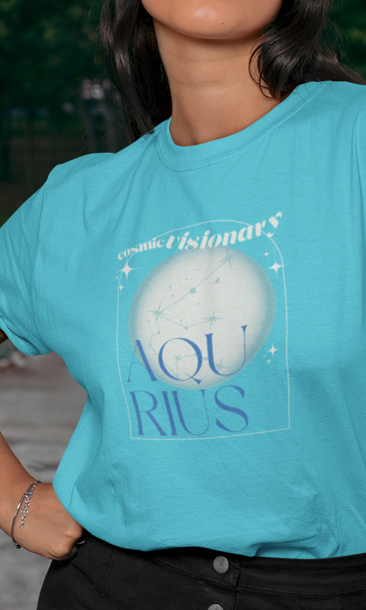 Person wearing a turquoise t-shirt with 'Aquarius' design
