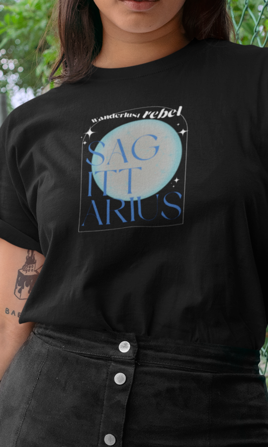 Person wearing a black t-shirt with 'Sagittarius' design and text.