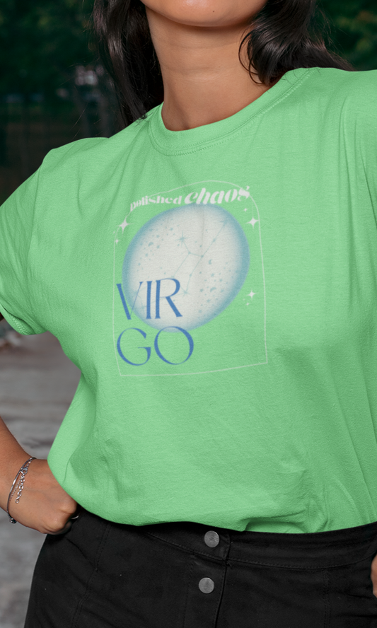 woman wearing a green t-shirt with a virgo graphic design and  funny text.